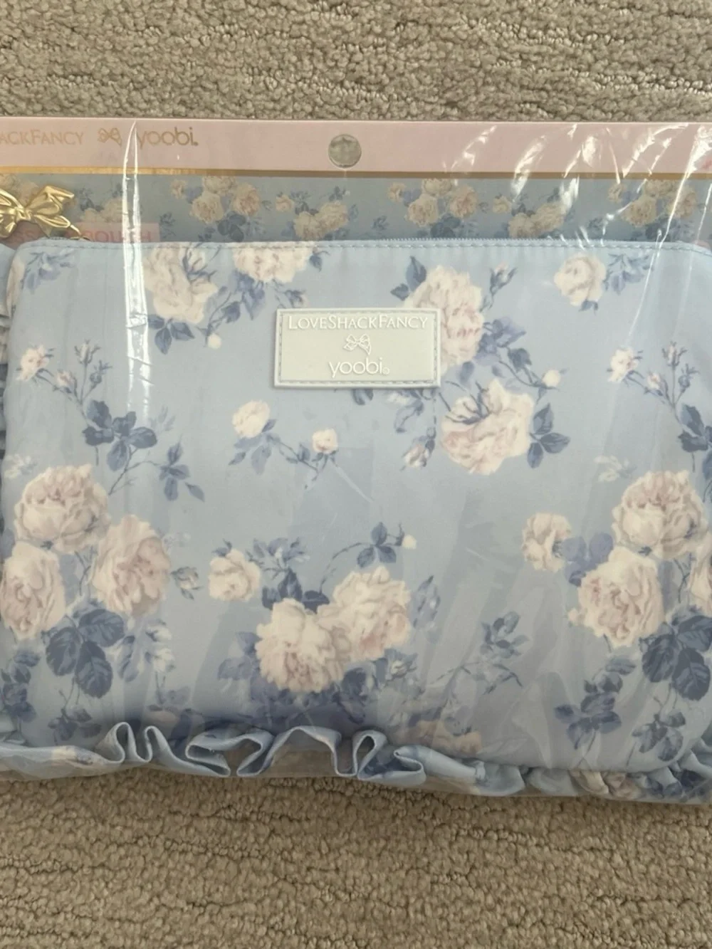 LoveShackFancy x target Light Blue Floral Cosmetic Pouch with Pink Rose Print